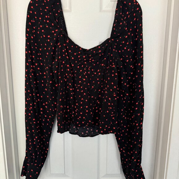 EUC, Free People Julia Cherry Print Blouse, Smocked Back, Black, Size L - Picture 2 of 14